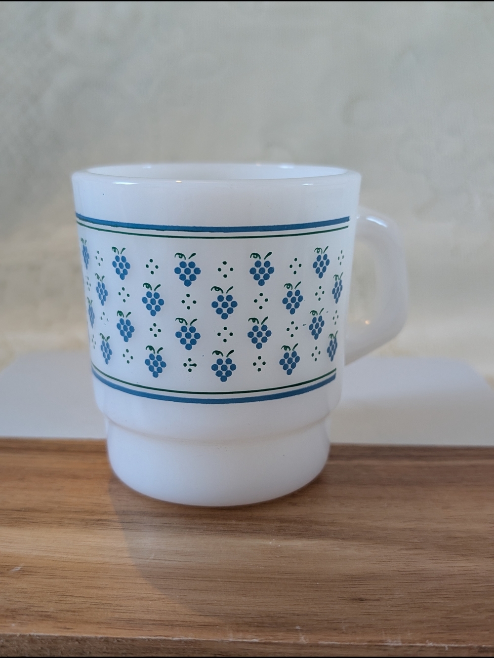 White Milk Glass Mug with Blue Grape Pattern